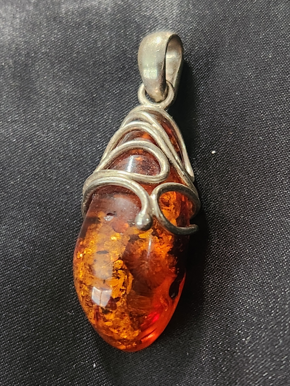 Antique Sterling Silver Amber Teardrop Pendant - Rich Honey Orange
